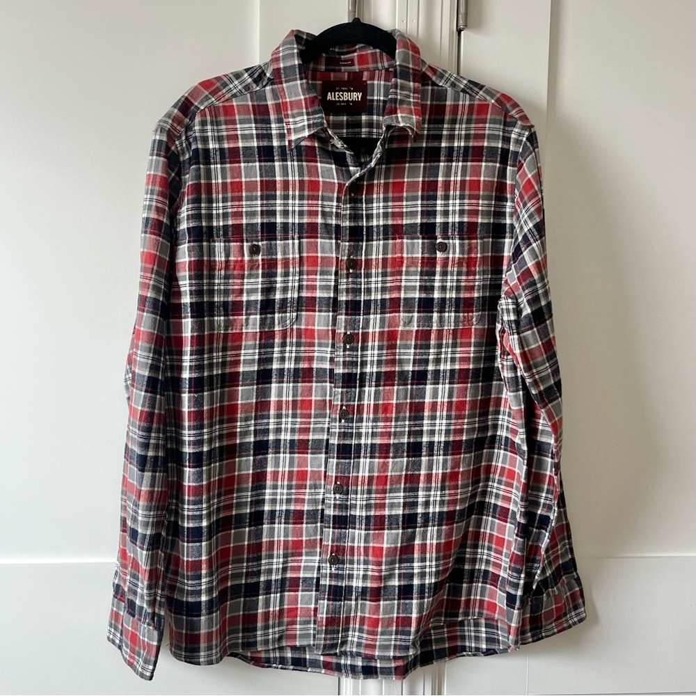 Alesbury Flannel Plaid Cotton Button Down Shirt Red Blue Gray Sz L